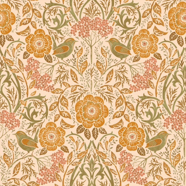 Muster mit Blumen, Beeren, Blättern und Vögeln