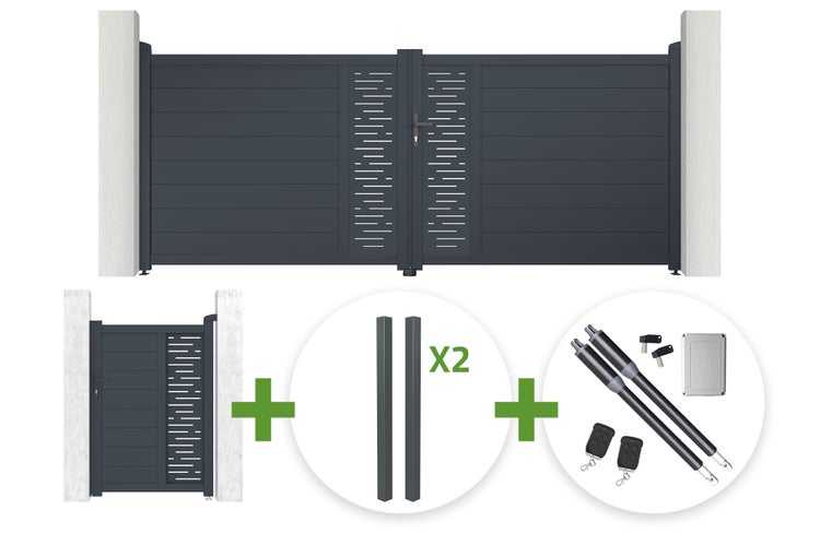 Modernes zweiflügeliges Drehtor und Gehtür-Set, inklusive zwei Pfosten und elektrischem Antrieb mit Fernbedienungen.