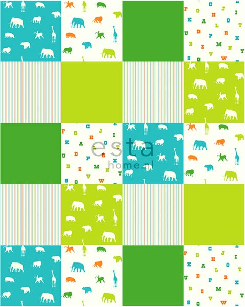 Tapete mit Tiermotiven und Buchstaben in verschiedenen Farben und Mustern