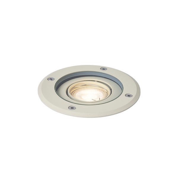 Runder Bodeneinbaustrahler aus Metall für den Außenbereich mit Glasabdeckung und sichtbaren Schrauben.