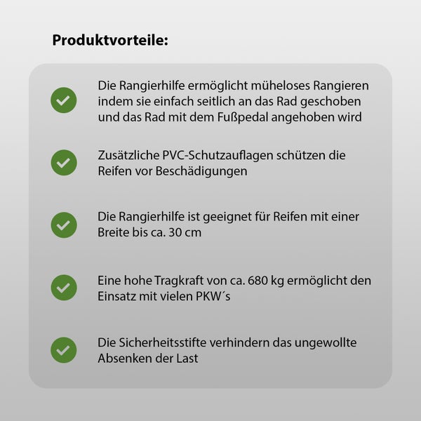 Produktvorteile: Müheloses Rangieren durch seitliches Anheben des Rades mit dem Fußpedal, PVC-Schutzauflagen zum Schutz der Reifen, Geeignet für Reifen bis 30 cm Breite, Hohe Tragkraft bis 680 kg, Sicherheitsstifte verhindern ungewolltes Absenken der Last