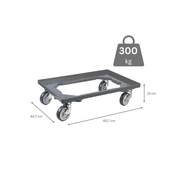 PROREGAL Transportroller für Euroboxen 60 x 40 cm mit Gummiräder Grau Offenes Deck 2 Lenkrollen und 2 Bremsrollen Traglast 300 kg