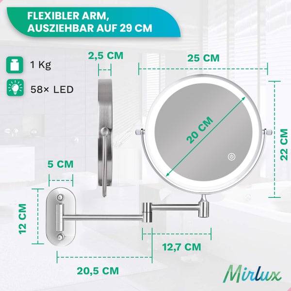 Mirlux Make Up Spiegel mit LED Beleuchtung 5x Vergrößerung Rasierspiegel, Kosmetikspiegel