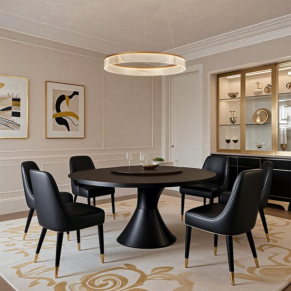 Esszimmer mit rundem Tisch, schwarzen Stühlen und kreisförmiger Lampe