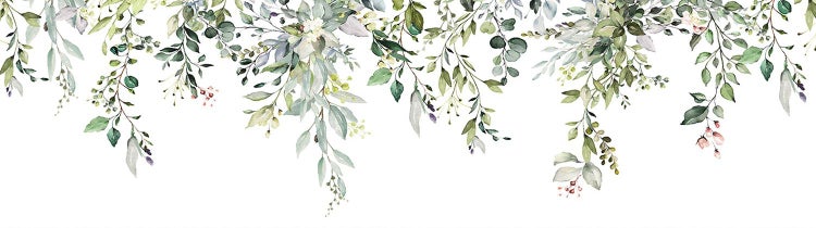 Bordüre mit Aquarell-Eukalyptus und grünen Blättern in hängender Optik.