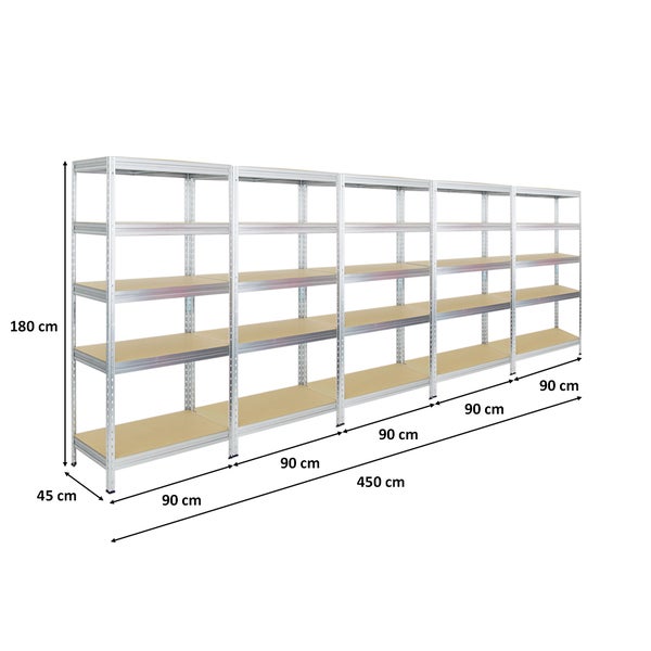 PROREGAL Mega Deal 5x Schwerlastregal Rivet HxBxT 180 x 90 x 45 cm Fachlast 250 kg Verzinkt