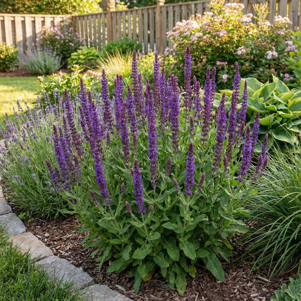 Blühender Steppensalbei mit lila Blütenähren in einem Gartenbeet mit Mulch und Steinkante.