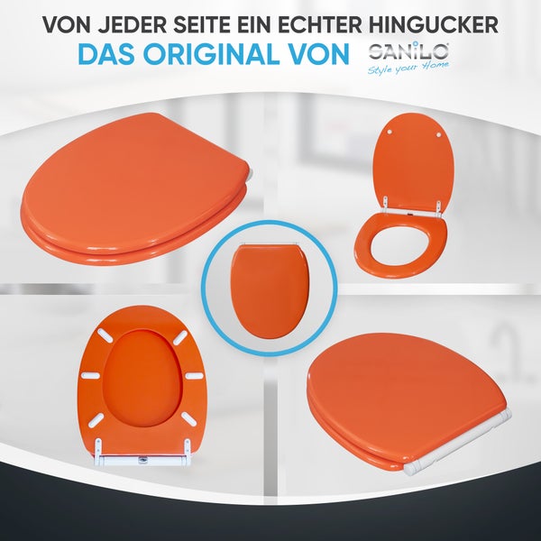Sanilo Toilettensitz in Orange, verschiedene Ansichten von oben, unten und geöffnet. Sanilo Logo.