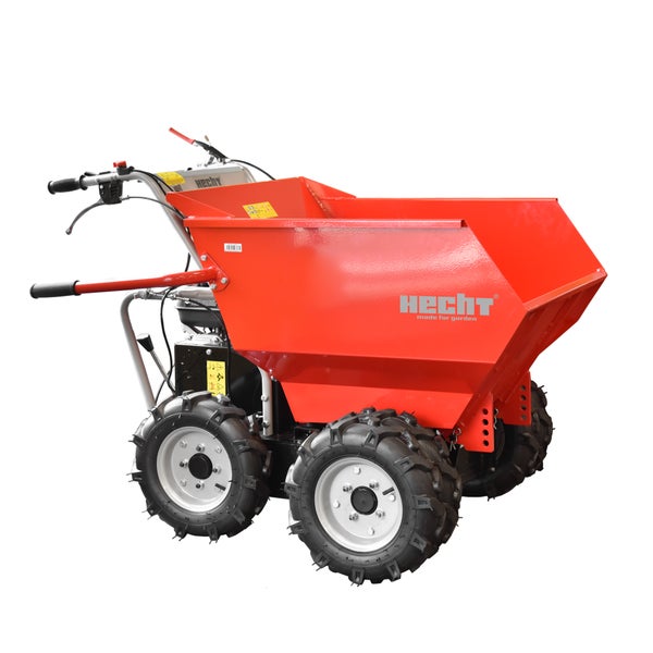 Motorisierter Raddumper Hecht mit roter Kippmulde, vier profilierten Reifen und Steuergriffen.