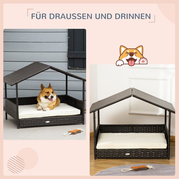 PawHut Rattan Hundehaus mit Kissen, 69 x 98 x 70 cm, Kunststoff, Kaffee-Braun