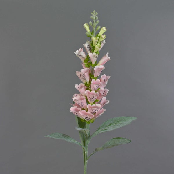 Künstliche Blume Digitalis mit rosa Blüten und grünen Blättern.