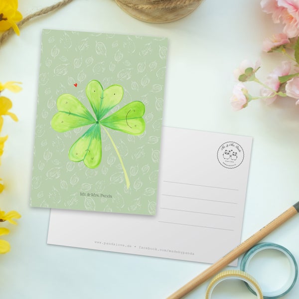 Mr. & Mrs. Panda Postkarte Blume Kleeblatt - Blattgrün