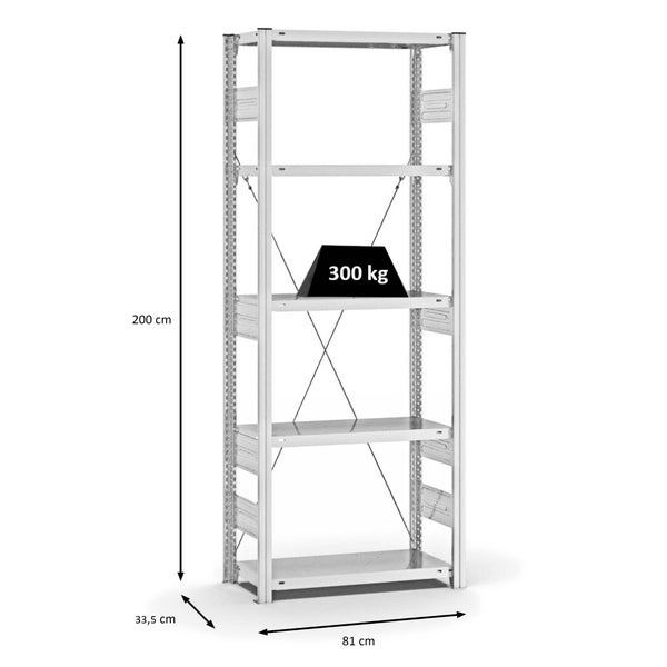 PROREGAL Fachbodenregal Stecksystem T-Profil Heavy-Duty Grundregal HxBxT 200 x 75 x 30 cm 5 Ebenen Fachlast 300 kg Einseitig Nutzbar Lichtgrau