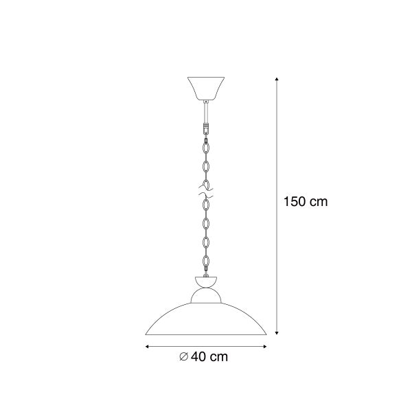 Technische Zeichnung einer Pendelleuchte mit 40 Zentimeter Durchmesser und einer Gesamthöhe von 150 Zentimeter.