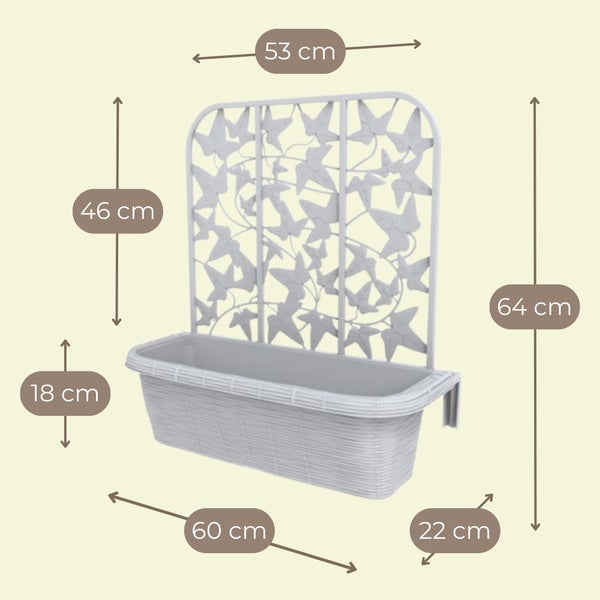 Grauer Balkonkasten mit Rankgitter in Efeublatt-Optik, Breite 60 Zentimeter, Tiefe 22 Zentimeter, Gesamthöhe 64 Zentimeter.