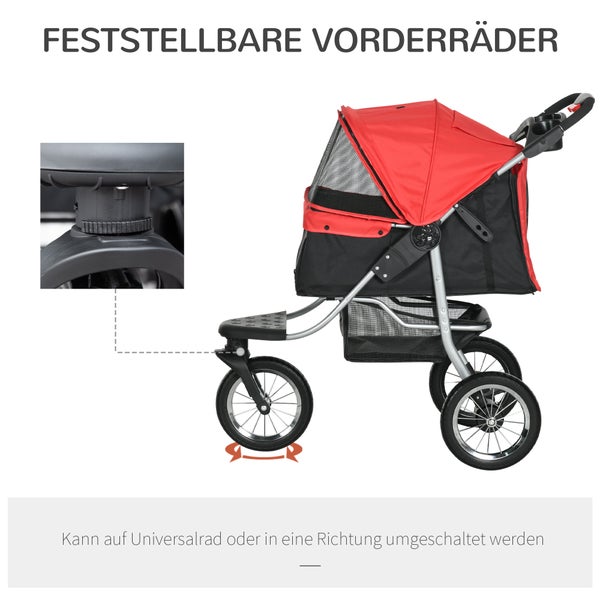 PawHut Hundewagen Hundebuggy Katzenbuggy Pet Stroller mit 3 Rädern klappbar Hunde Katze Oxford Rot+Schwarz 109,5 x 54,5 x 106,5 cm