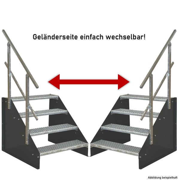 Schwarze Wangentreppe mit 4 Gitterroststufen und beidseitig montierbarem Geländer aus Metall.