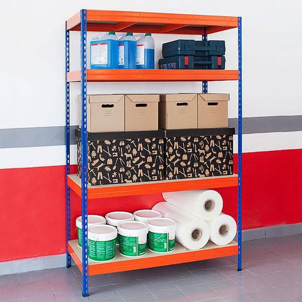 FLOORDIREKT Weitspannregal - Blau-Orange - Regal für Keller & Werkstatt - Traglast bis 1600 kg - 200 x 150 x 60 cm