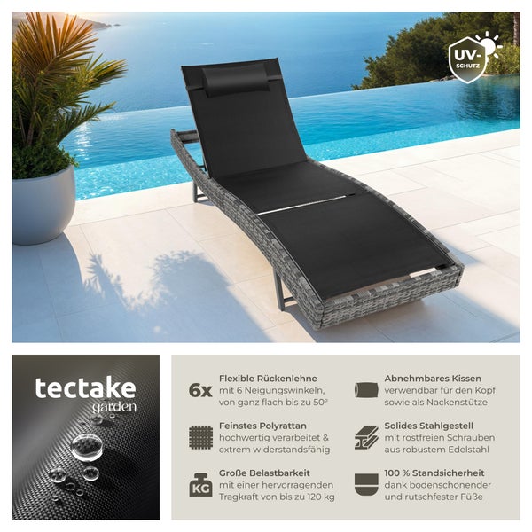 Rattan Sonnenliege tectake Moana 69 x 211 x 41 - 94 cm widerstandsfähig und UV-beständig grau-meliert