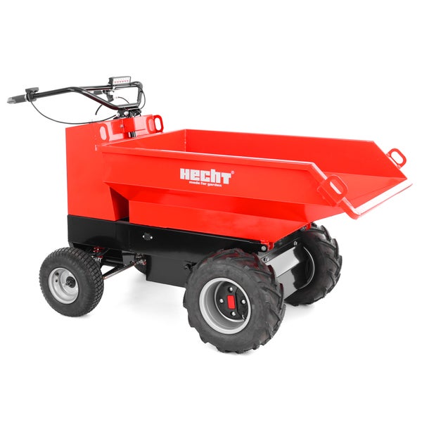 Hecht Elektro-Minidumper mit roter Kippmulde, schwarzem Unterbau und profilierten Reifen für den Materialtransport im Garten.