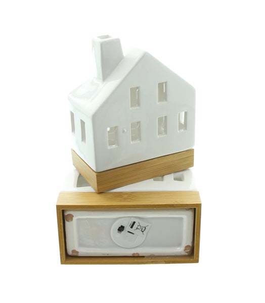 FRANK FLECHTWAREN | LED-Haus White, 2er Set, PORZELLAN, HOLZ, KUNSTSTOFF, 11,5 x 6,5 x 13,5 cm, 13 x 6,5 x 17 cm