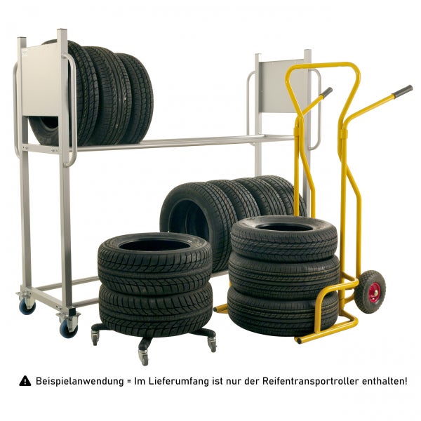 Reifenregal und Reifentransportroller mit Reifen