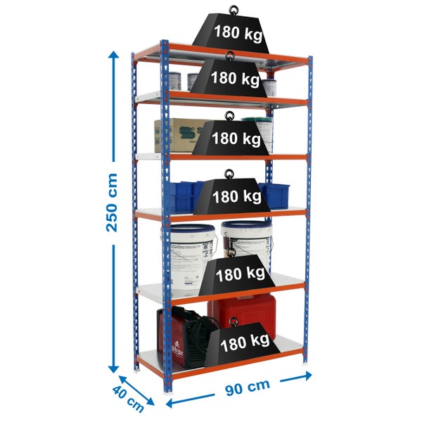 PROREGAL Schwerlastregal Giant Metal Shark HxBxT 250 x 90 x 40 cm Fachlast 180 kg Blau-Orange