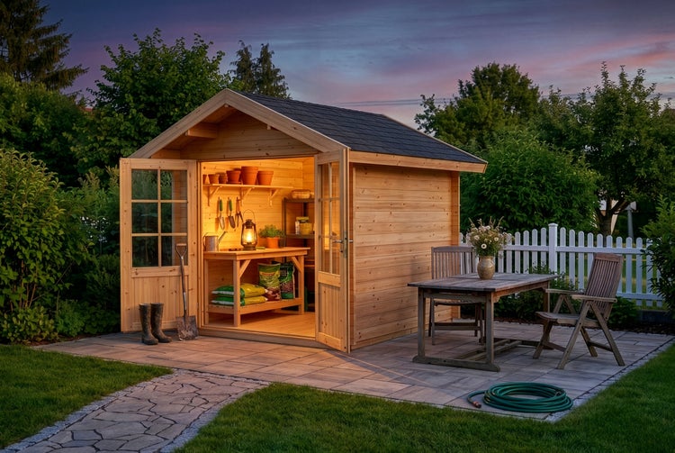 Gartenhaus aus Holz mit Satteldach und Doppelflügeltür auf einer Terrasse, beleuchteter Innenraum mit Arbeitstisch und Gartenwerkzeug.