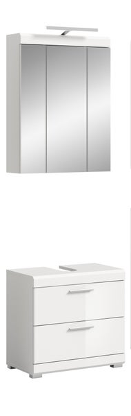 Badmöbel-Set bestehend aus einem dreitürigen Spiegelschrank mit Beleuchtung und einem Waschbeckenunterschrank mit zwei Schubladen.