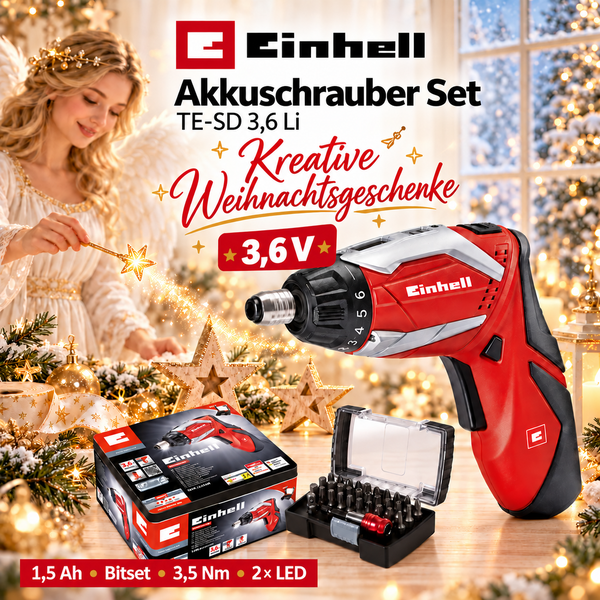 Einhell Akku Schrauber Set TE SD 3,6 Li mit Bitset und Aufbewahrungsbox in festlicher Weihnachtsdekoration