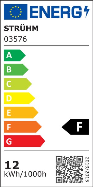 EU Energieeffizienzlabel für die Strühm Leuchte 03576 mit Energieeffizienzklasse F und einem Verbrauch von 12 Kilowattstunden pro 1000 Stunden