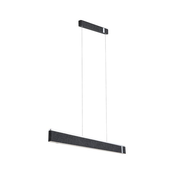 Moderne, längliche LED-Pendelleuchte mit dunkelgrauem Filzbezug an Gehäuse und Baldachin.