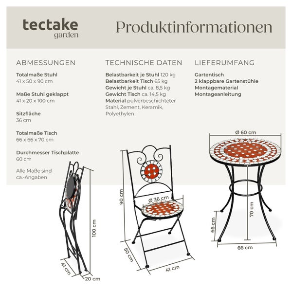Mosaik-Gartengarnitur tectake Neapel filigranes Design für 2 Personen braun