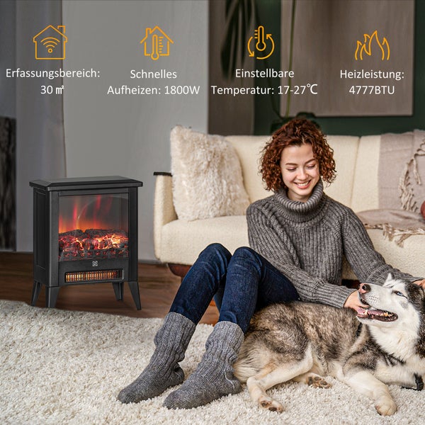HOMCOM Elektrokamin Elektrischer Kamin mit Heizung, LED-Flammeneffekt, 1800 W Standkamin mit niedrigem Geräuschpegel, Überhitzungsschutz für Wohnzimmer, Schlafzimmer, Schwarz