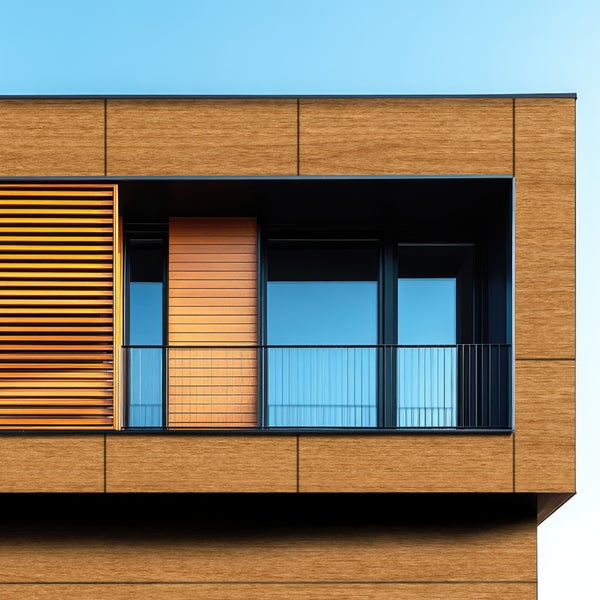 Fassade eines Gebäudes mit Balkon und Holzverkleidung