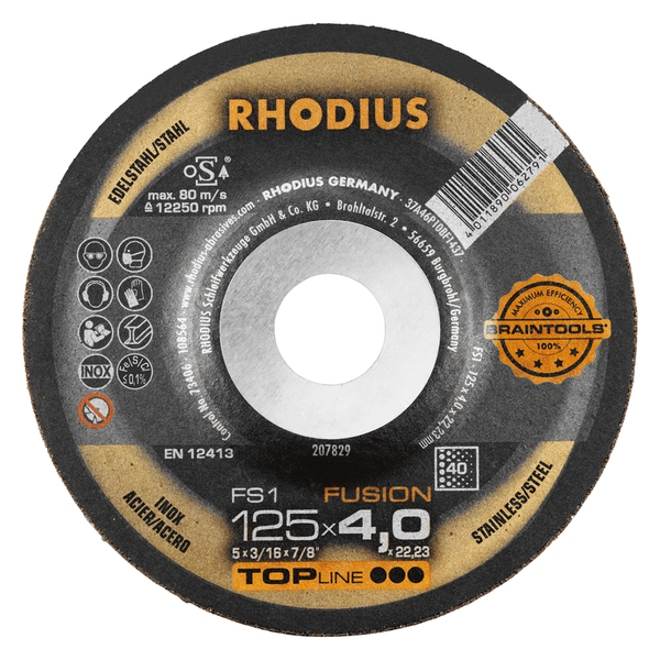 RHODIUS Schruppscheibe FS1 FUSION, 10 Stück, 125 x 4,0 x 22,23 mm, Korn 40, für Edelstahl, Stahl, Metall, TOPline