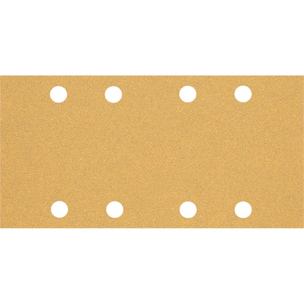 Mann schleift Holz mit einem Schleifgerät und Handschuhen.