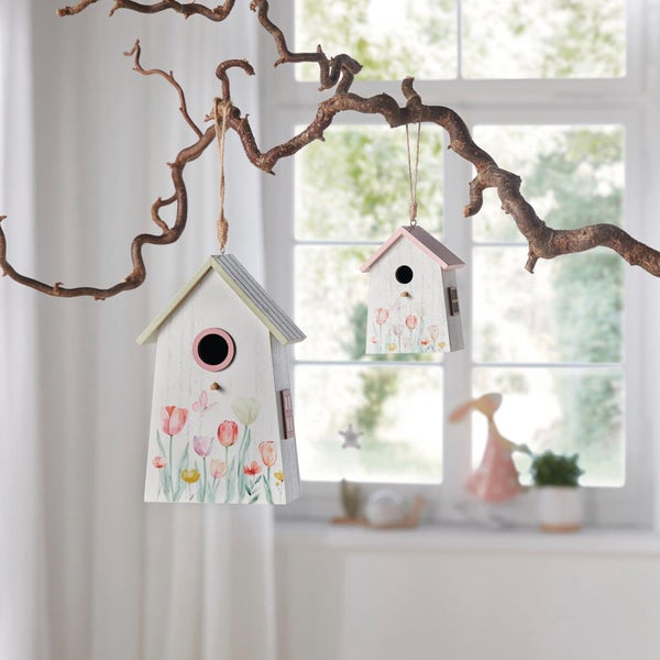 FRANK FLECHTWAREN|Dekohänger Vogelhaus, 2er Set, 8 x 5 x 11 cm, 14 x 7 x 21,5 cm, HOLZ, JUTE