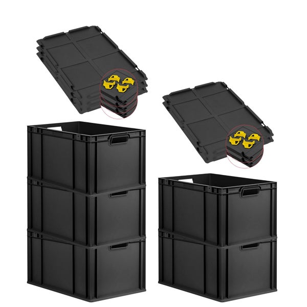 PROREGAL SparSet 5x Eurobox NextGen Grip mit Auflagedeckel inkl. 4 gelben Schiebeschnappverschlüssen, HxBxT 32x40x60cm, 65 Liter, Schwarz, Griffe offen, Verstärkter Boden, Eurobehälter, Transportbox, Transportbehälter, Stapelbehälter