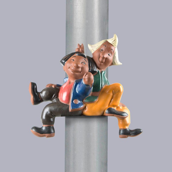 Mehrfarbige Fallrohrfigur Abrafaxe aus Keramik für das Regenrohr.