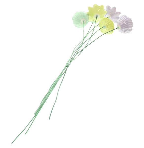FRANK FLECHTWAREN|Blumenstecker Pastellblüten, 6er Set, 3 x 3 x 2 cm, GH: 30 cm, PORZELLAN, METALL