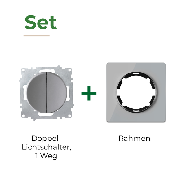 Set bestehend aus einem Doppellichtschalter und einem passenden Rahmen für die Unterputzinstallation