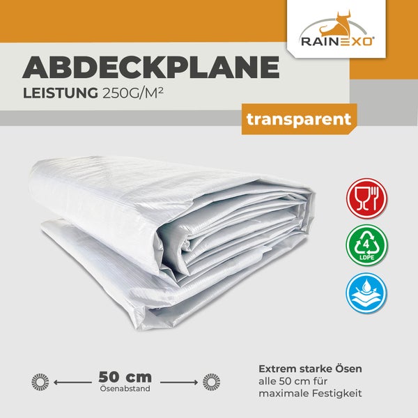 Transparente Rainexo Abdeckplane, 250 Gramm pro Quadratmeter, 50 Zentimeter Ösenabstand, lebensmittelecht, wasserdicht, Rainexo Logo.