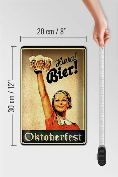 Blechschild Spruch 20x30cm Oktoberfest Hurra Frau mit Bier