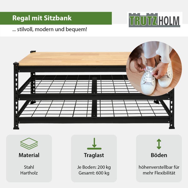 Trutzholm Regal mit Sitzbank aus Stahl und Hartholz mit zwei Regalböden und hoher Traglast.