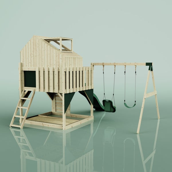 Spielhaus mit Schaukel und Rutsche aus Holz