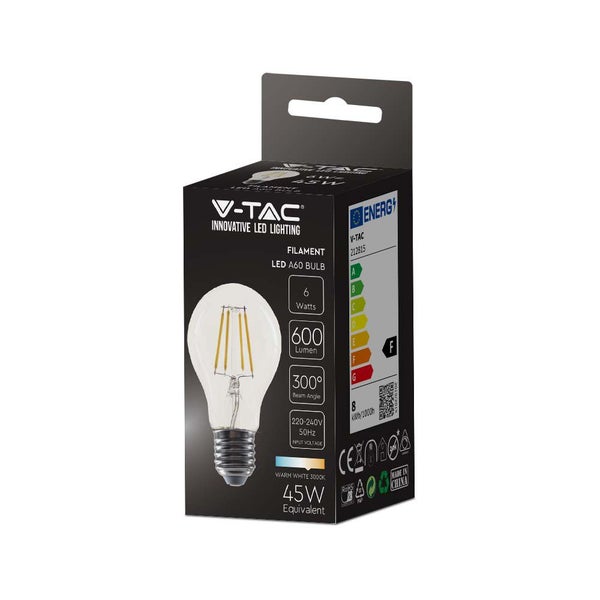 V-TAC VT-1887-N - 10 Pack E27 Transparente LED-Lampen - Glühfaden - A60 - IP20 - 6W - 600 Lumen -