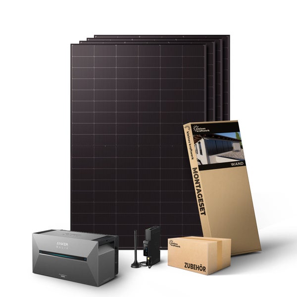 Balkonkraftwerk Set mit mehreren Solarmodulen, Anker Solix Speicher, Wandmontageset und Zubehör