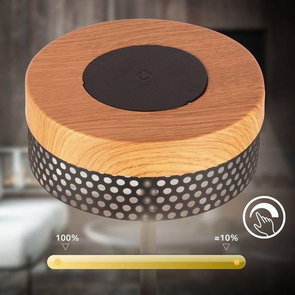 Briloner Booha LED Tischlampe kabellos IP44, Dimmbar, Touch, Akku, Spritzwasserschutz, Schwarz-Holz, Ø16 x 35 cm