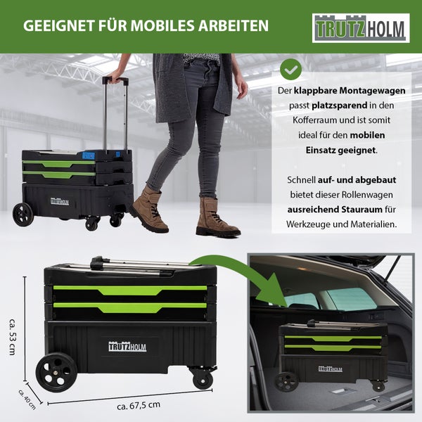 Mobiler Trutzholm Montagewagen klappbar mit Rollen für Werkzeugtransport, inklusive Maßangaben und Anwendung im Kofferraum.